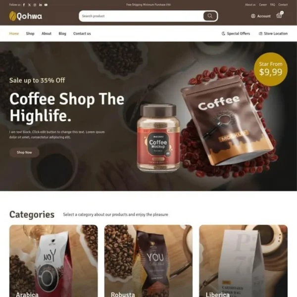 Qohwa – Coffee Shop & Store Ecommerce Elementor Pro Template Kit
